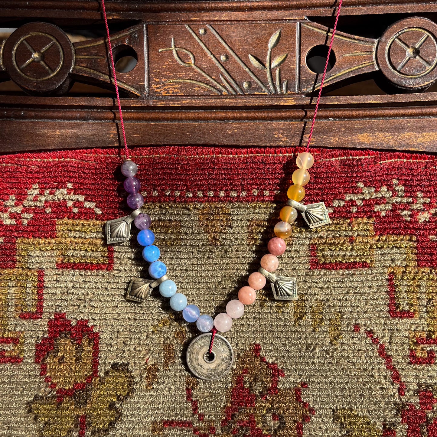 gemstone necklace "magical talisman" | antique japanese 1939 sen coin